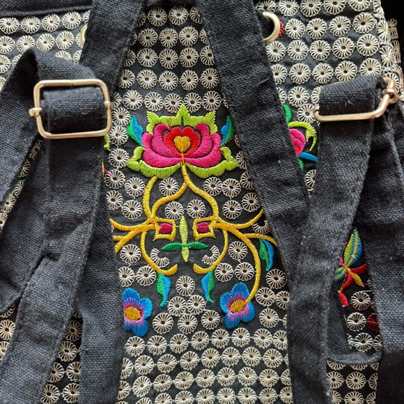 Floral Embroidered Backpack Boho Mexican Drawstring Satchel Multicolor - Picture 6 of 10
